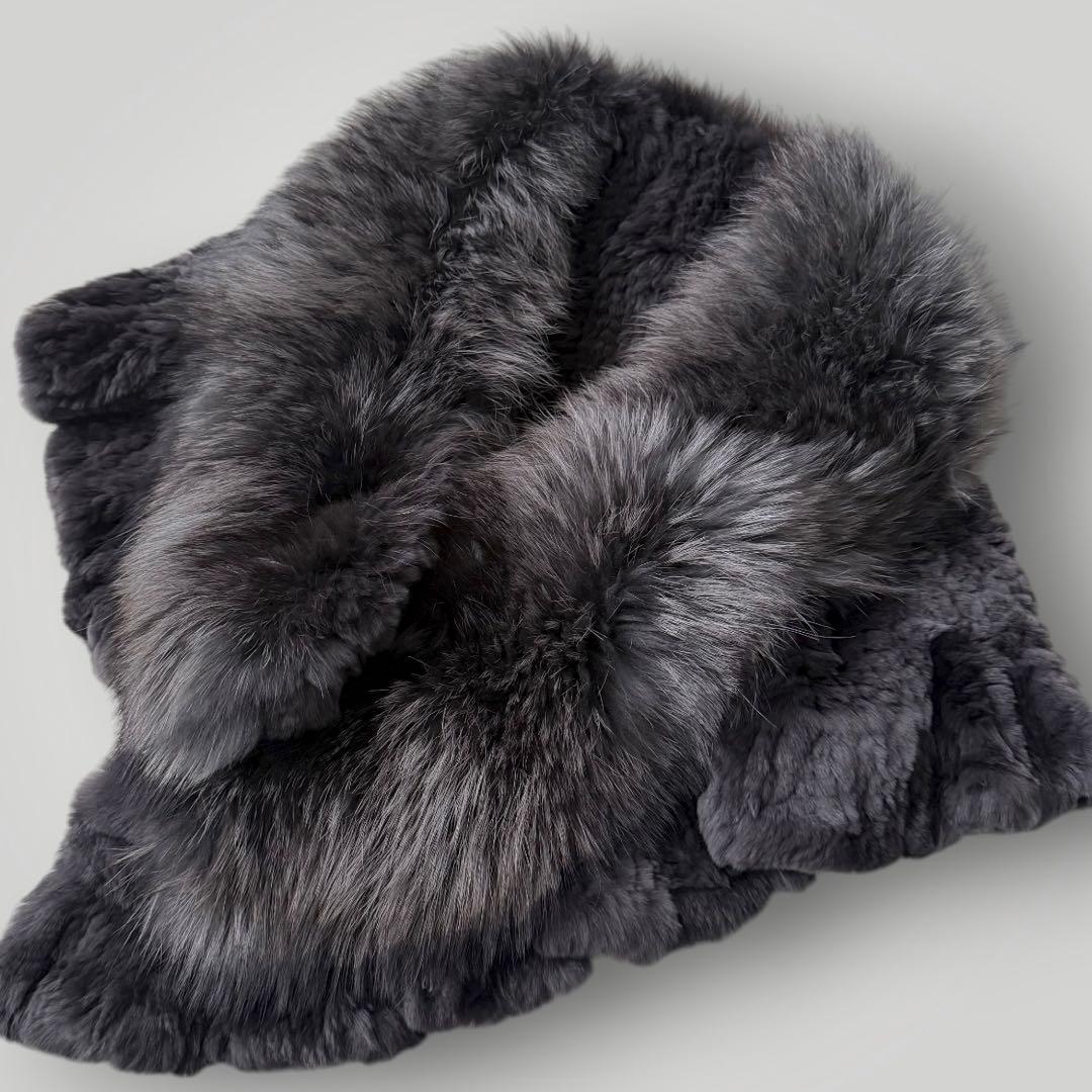 本毛皮☆大判ショール ポンチョ 全長153㎝ リアルファー 染め ボリューム◎ グレー拍卖