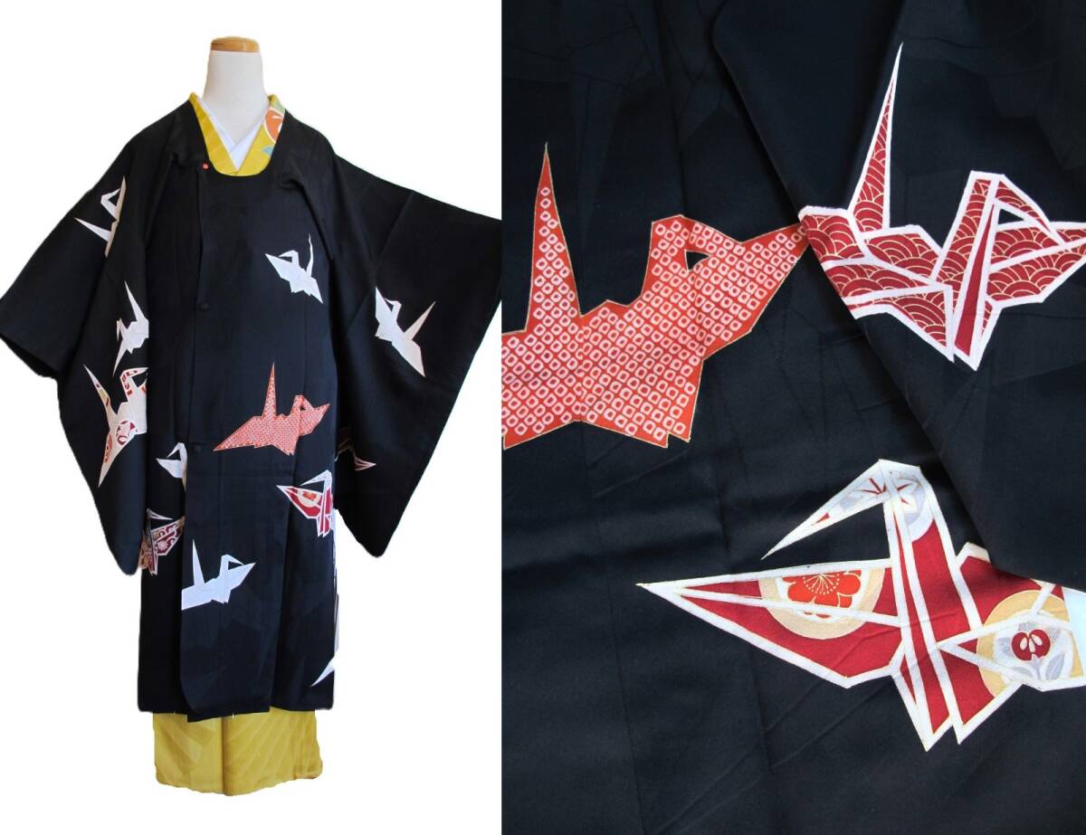 上品 黒地に折り鶴 アンティークロング道行コート拍卖