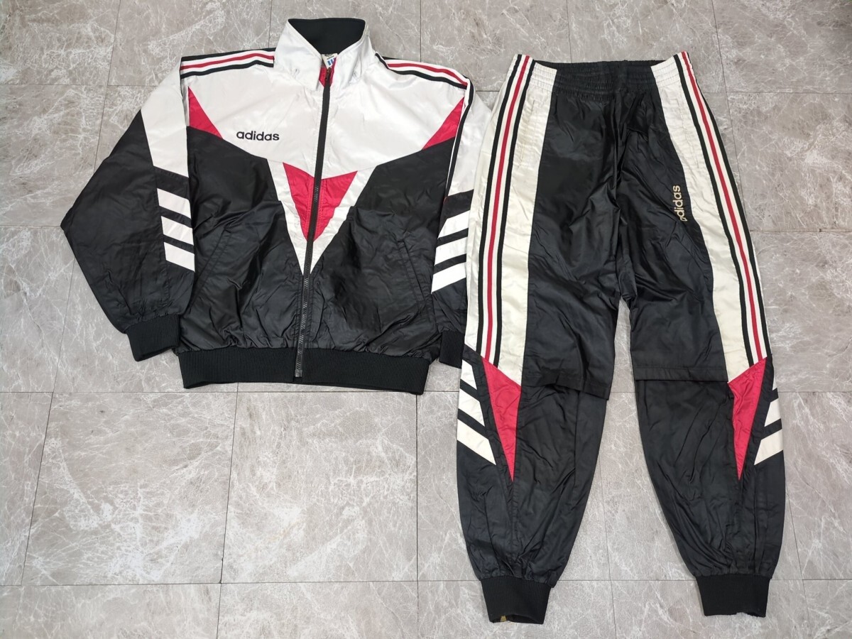 14. 80s90s adidas 2点 2枚 Y2K ウィンドブレーカー 上下 セットアップ 裏メッシュ ジャケット ジャンパー パンツ メンズO 白黒赤 y704拍卖