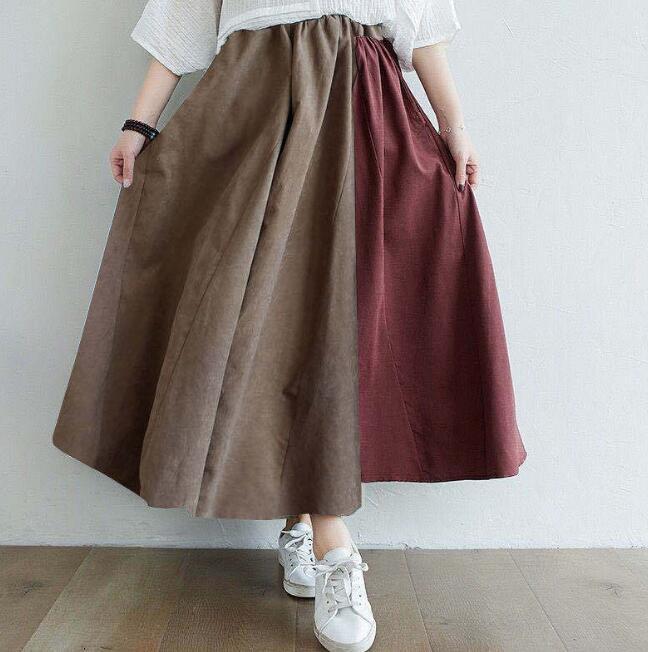 新入荷スカート ロングスカート 配色フレアスカート ウエストゴム レディースボトムス カジュアル ロング マキシ丈 お色選択可拍卖