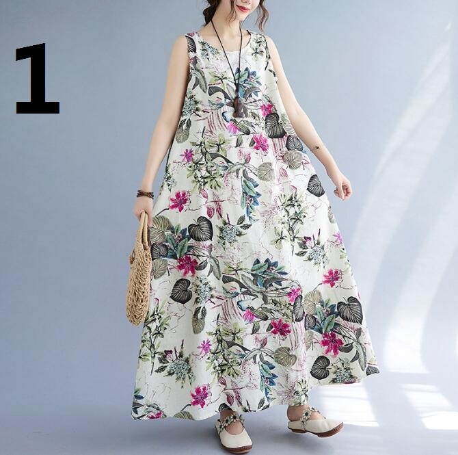 新入荷ワンピース ロングワンピース マキシワンピース エスニックワンピース コットンリネン 綿麻 花柄 総柄 プリント XL拍卖