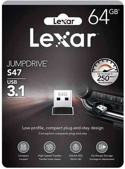64GB フラッシュドライブ Lexar JumpDrive S47 超小型 USBメモリ 64GB USB3.1 250MB/s LJDS47-64GABBKNA レキサー ブラック拍卖