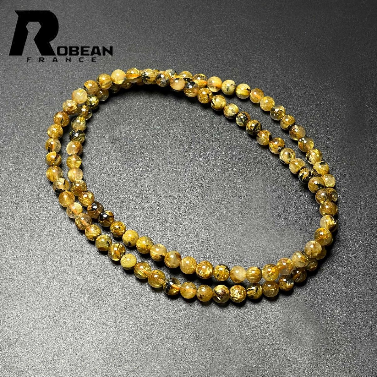 逸品 EU製 定価14万円★ROBEAN・太陽花タイチンルチル★黄金針水晶 金運 開運 ゴールド 3本巻きブレス パワーストーン 5.4-5.8mm M0813358拍卖