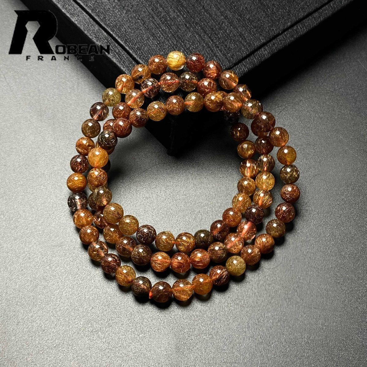 高級 EU製 定価13万円★ROBEAN・レッド銅髪ルチルクォーツ★3本巻きブレス パワーストーン 天然石 綺麗 金運 お守り 6-6.3mm M1025854拍卖