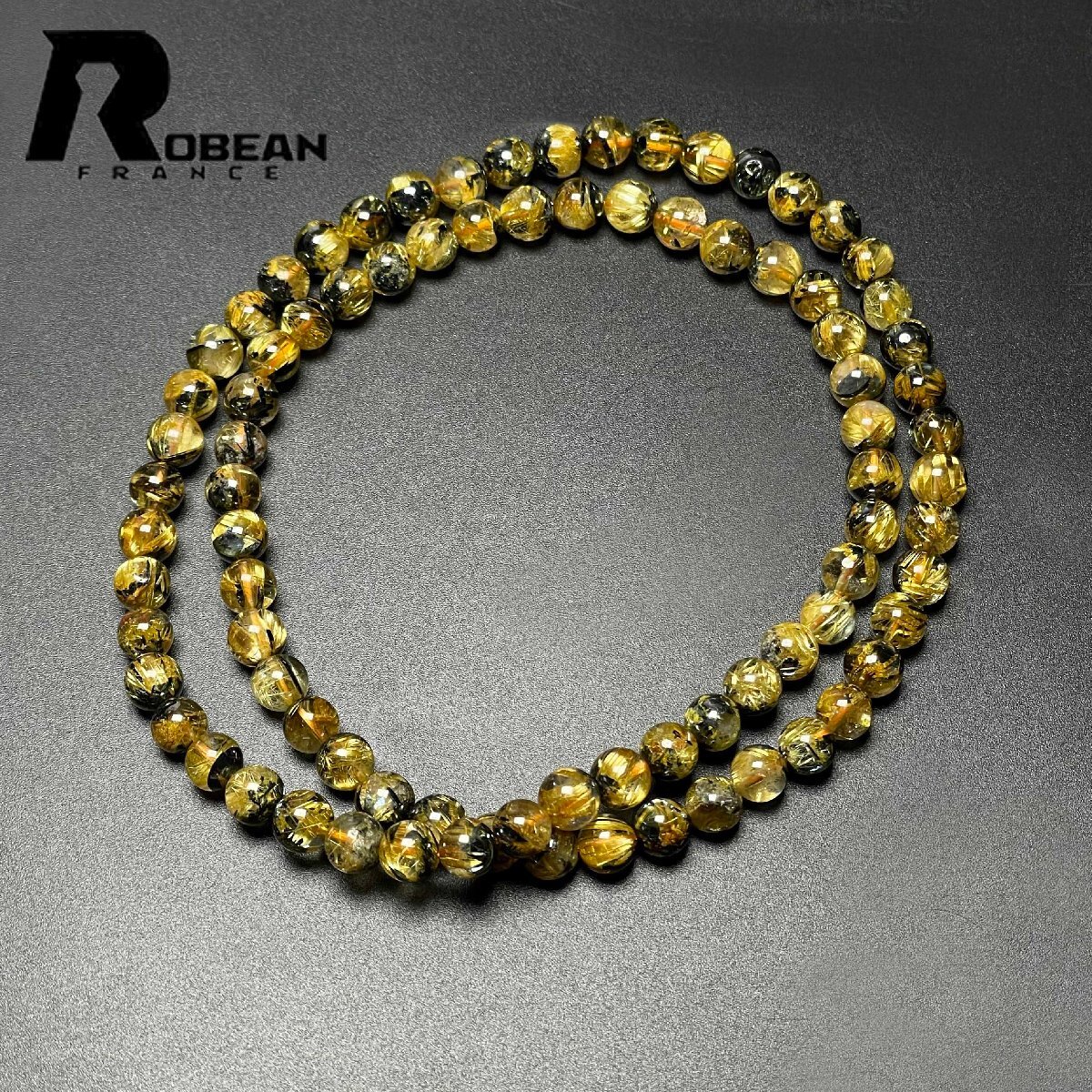 上級 EU製 定価20万円★ROBEAN・太陽花タイチンルチル★黄金針水晶 金運 開運 ゴールド 3本巻きブレス パワーストーン 6.4-6.8mm M0813365拍卖