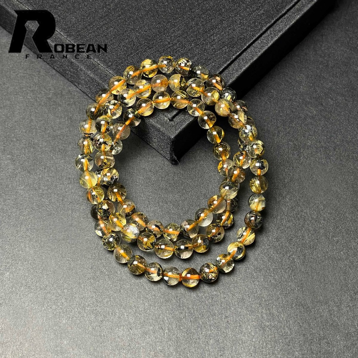 上級 EU製 定価18万円★ROBEAN・太陽花タイチンルチル★黄金針水晶 金運 開運 ゴールド 3重巻きブレス パワーストーン 6.3-6.8mm M0813374拍卖