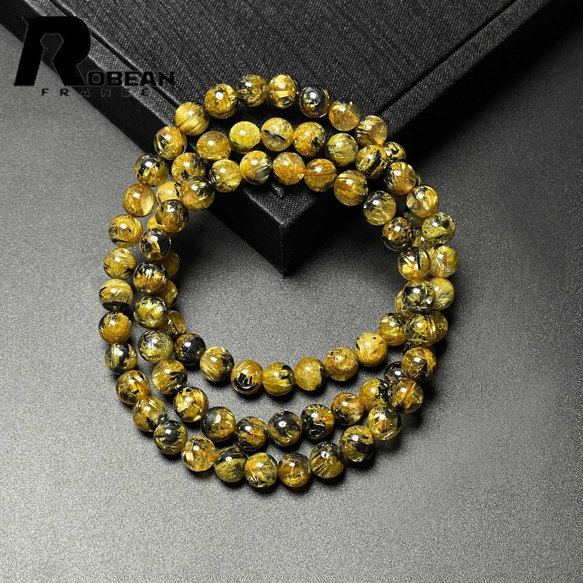 高級 EU製 定価20万円★ROBEAN・太陽花タイチンルチル★黄金針水晶 金運 開運 ゴールド 3本巻きブレス パワーストーン 6.4-6.9mm M0813359拍卖