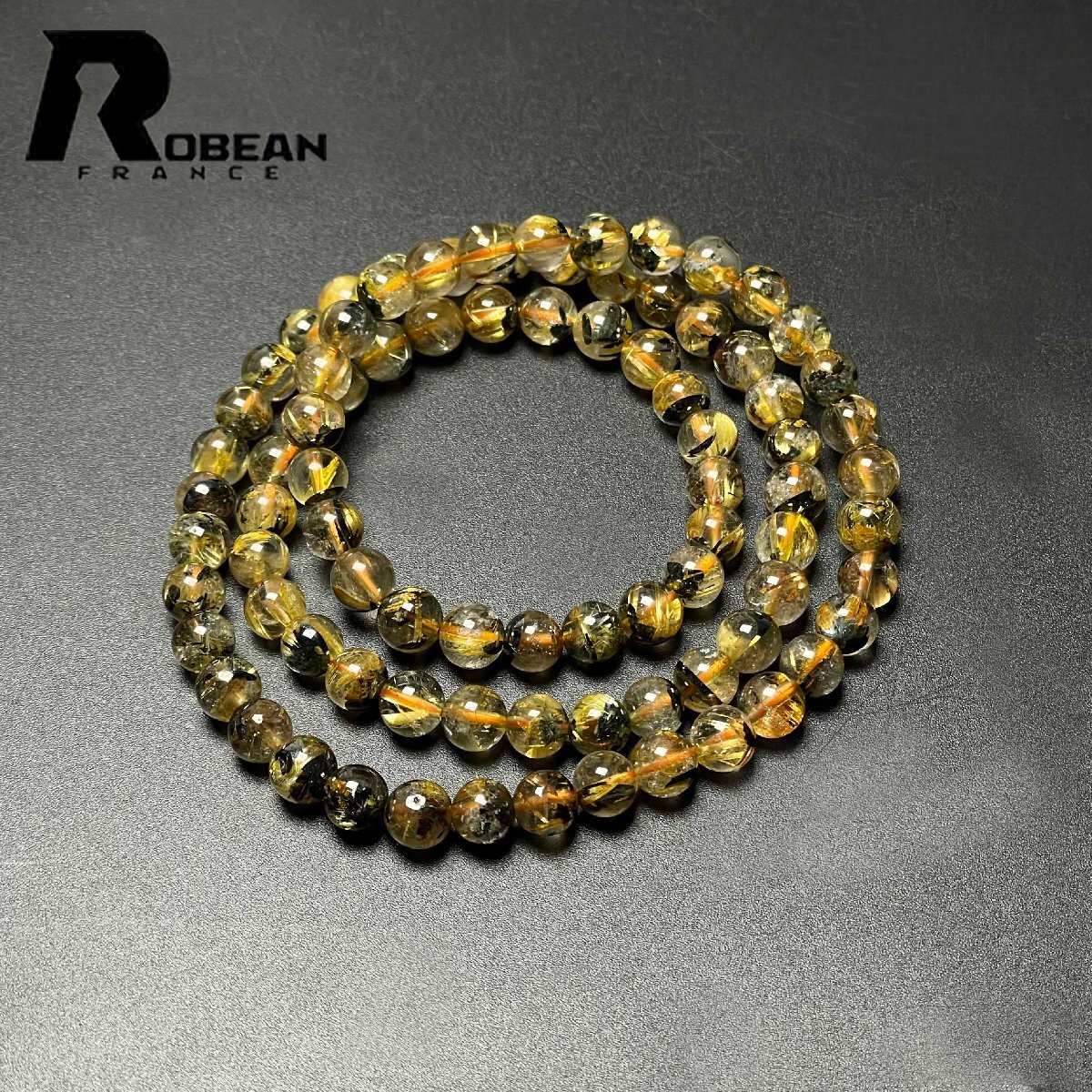 絶賛 EU製 定価18万円★ROBEAN・太陽花タイチンルチル★黄金針水晶 金運 開運 ゴールド 3本巻きブレス パワーストーン 6.3-6.9mm M0813360拍卖