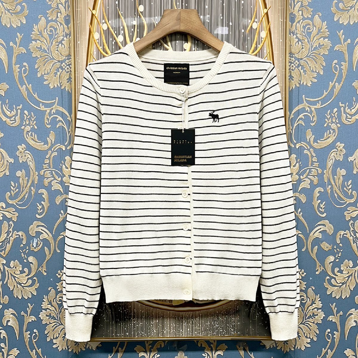 定価4万★christian milada・ミラノ発・カーディガン★上質 ウール混 柔らかい ストライプ柄 刺繍 ニット 長袖 アウター レディース S/34拍卖
