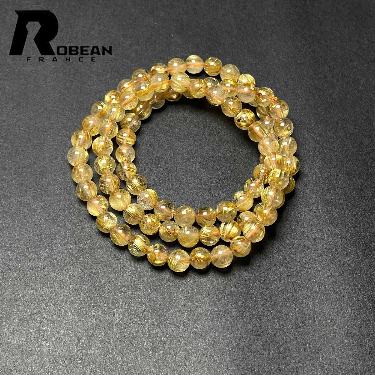 絶賛 EU製 定価15万円★ROBEAN・タイチンルチル★黄金針水晶 ゴールド 金運 開運 3本巻きブレスレット パワーストーン 6.2-6.8mm M1107975拍卖