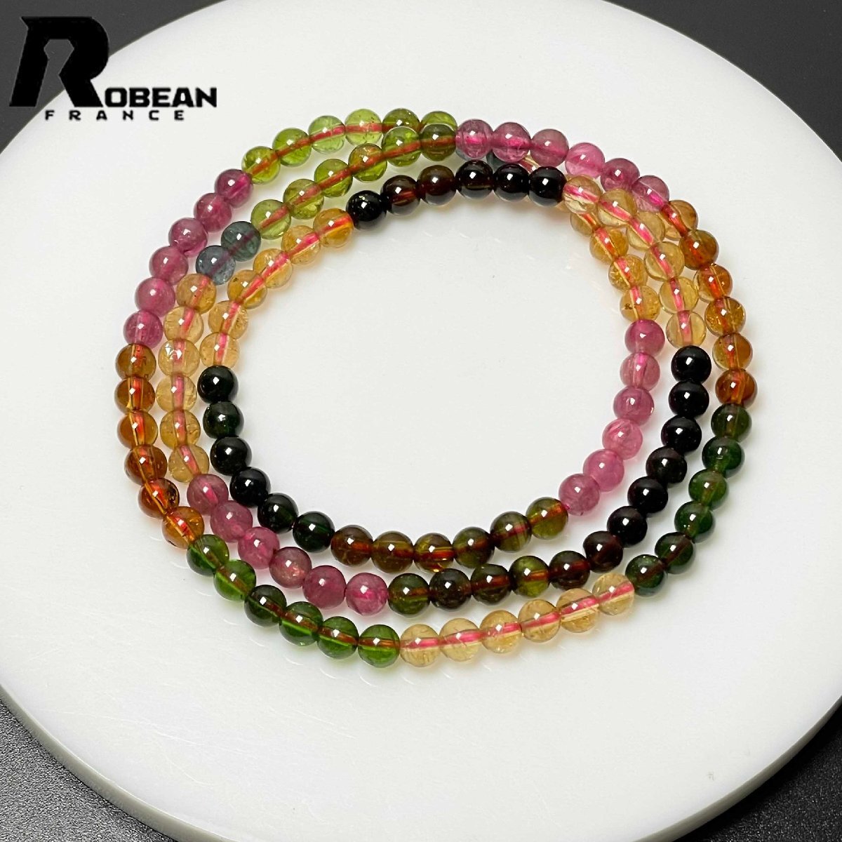 高級 EU製 定価82万円★ROBEAN・ウォーターメロントルマリン★3本巻きブレスレット パワーストーン 天然石 綺麗 約4.6-4.9mm M0208212拍卖