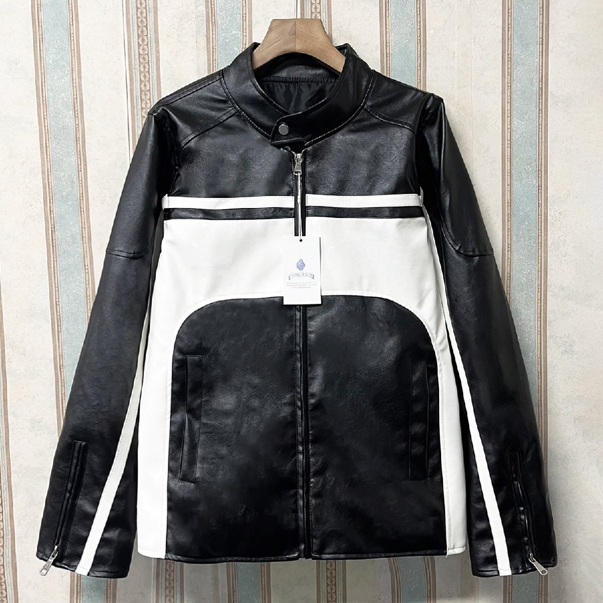 人気 定価12万 FRANKLIN MUSK・アメリカ・ニューヨーク発 レザージャケット PUレザー 切替 立ち襟 スポーティー ライダース バイク サイズ2拍卖