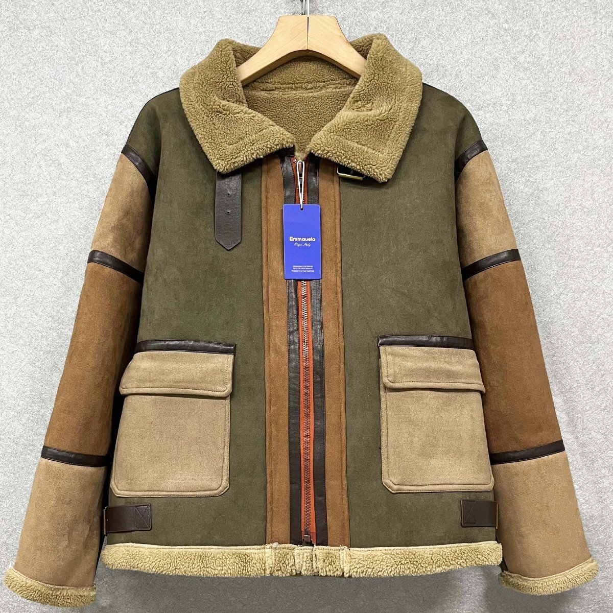 高級・レザージャケット 定価13万◆Emmauela・イタリア・ミラノ発◆上質羊革 シープスキン 裏起毛 防寒 ライダース ボマー 革ジャン 2XL/52拍卖