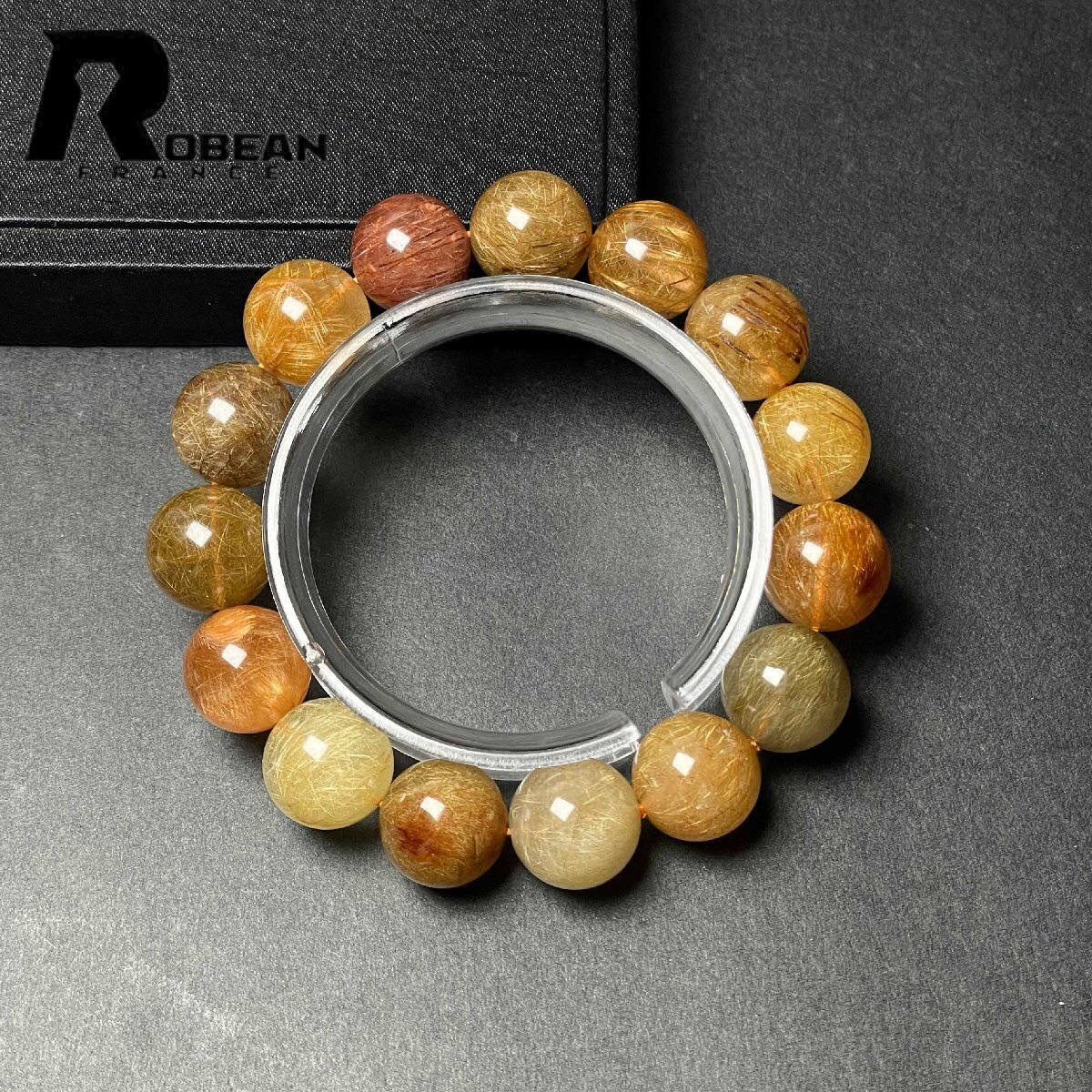 上品 EU製 定価21万円★ROBEAN・カラフルブラウンルチルクォーツ★ブレスレット パワーストーン 天然石 綺麗 金運 14.9-15.7mm M1103921拍卖
