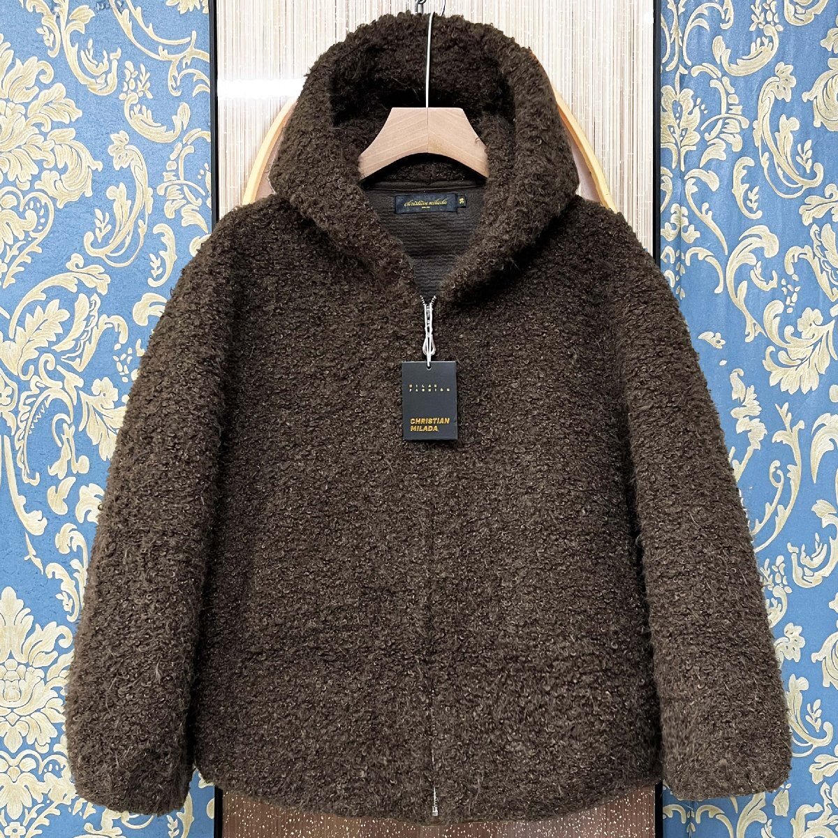 上品 定価7万★christian milada・ミラノ発・ボアジャケット★高級ウール混 ソフト ふわふわ 保温 ゆったり 無地 フード付き アウター M/46拍卖