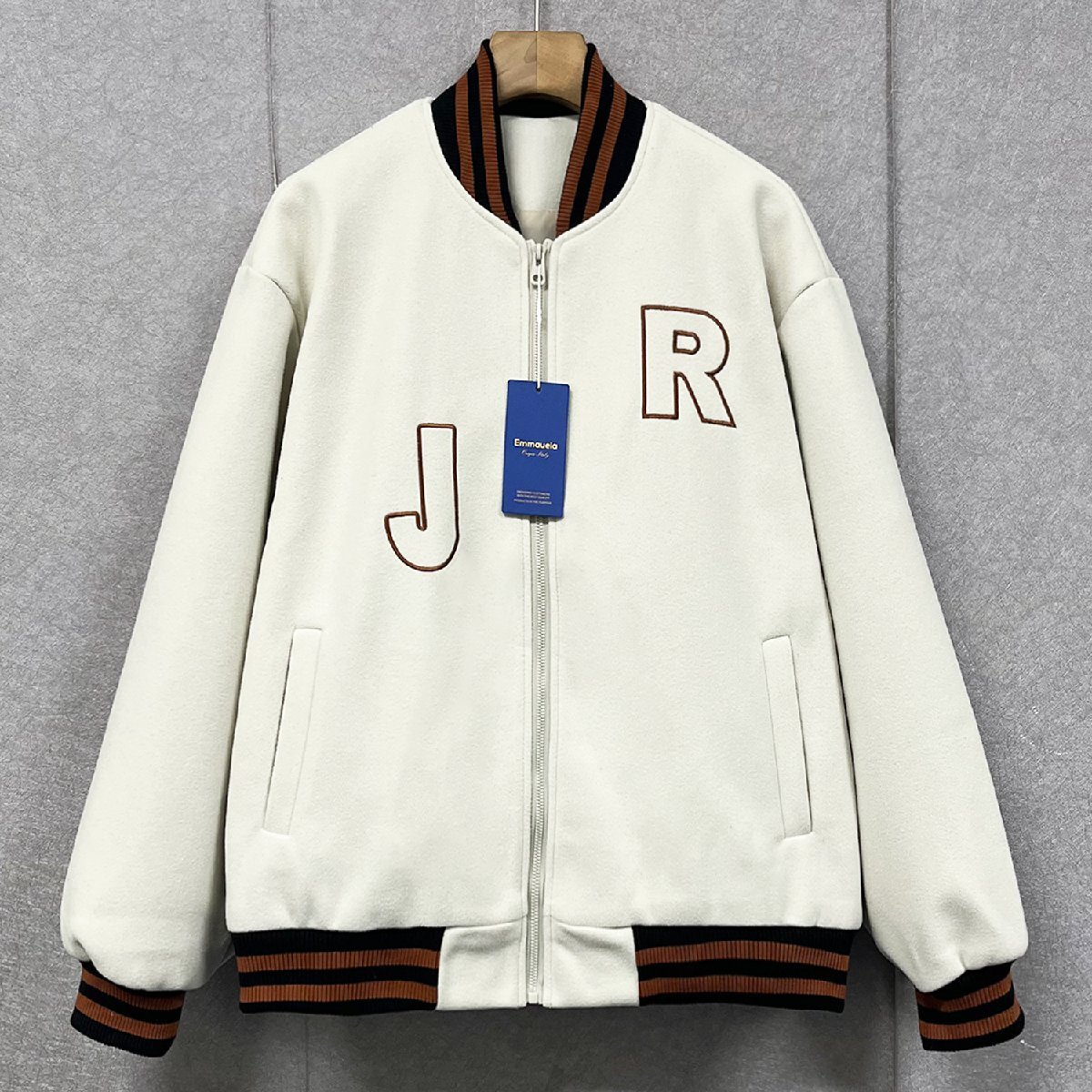個性・スタジャン 定価7万◆Emmauela・イタリア・ミラノ発◆カシミア100% ソフト 保温 英字刺繍 ブルゾン カジュアル アメカジ 普段着 M/46拍卖