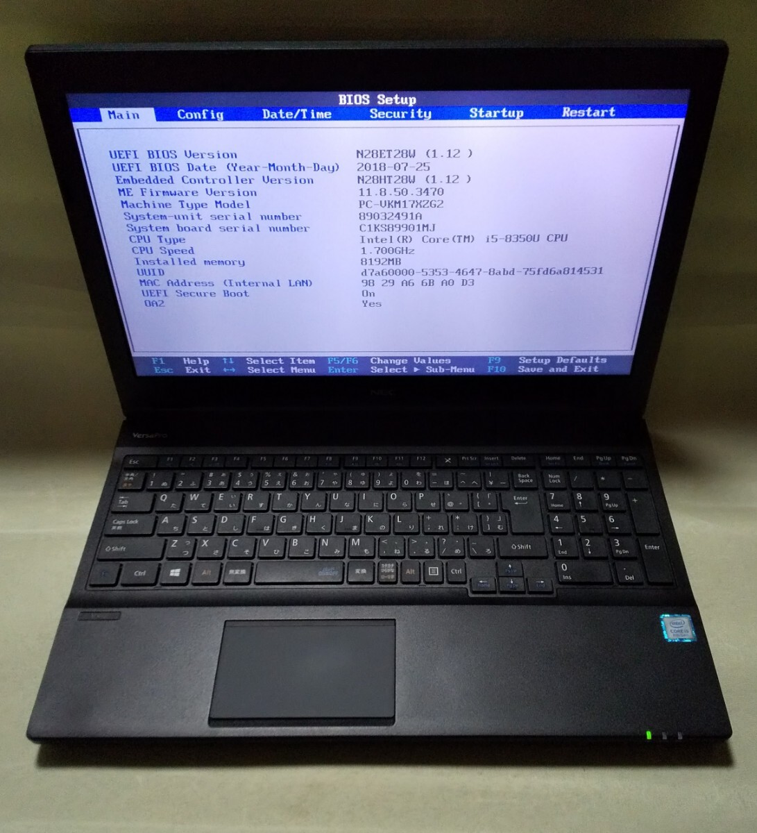 【Bios OK】 NEC VersaPro PC-VKM17XZG2 i5-8350U/8GB 500GB ①拍卖