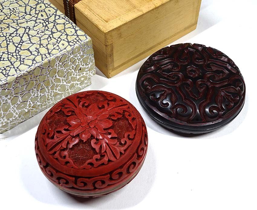 緑屋s■ 堆朱 倶利彫 香合 2点まとめて 茶道具 mae/10-273/18-3#60拍卖