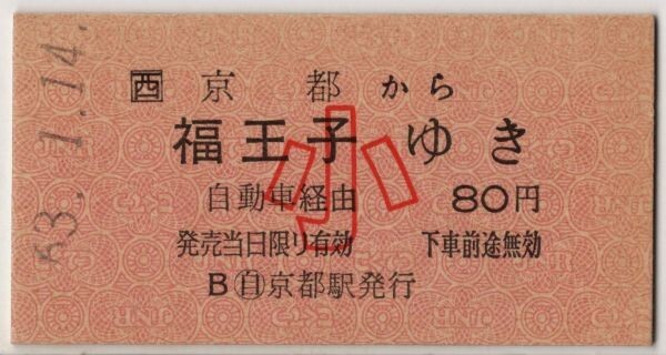 JR西バス 片道乗車券 小 影文字 一般式 A硬赤 国鉄地紋 京都から福王子 自動車経由 S63拍卖