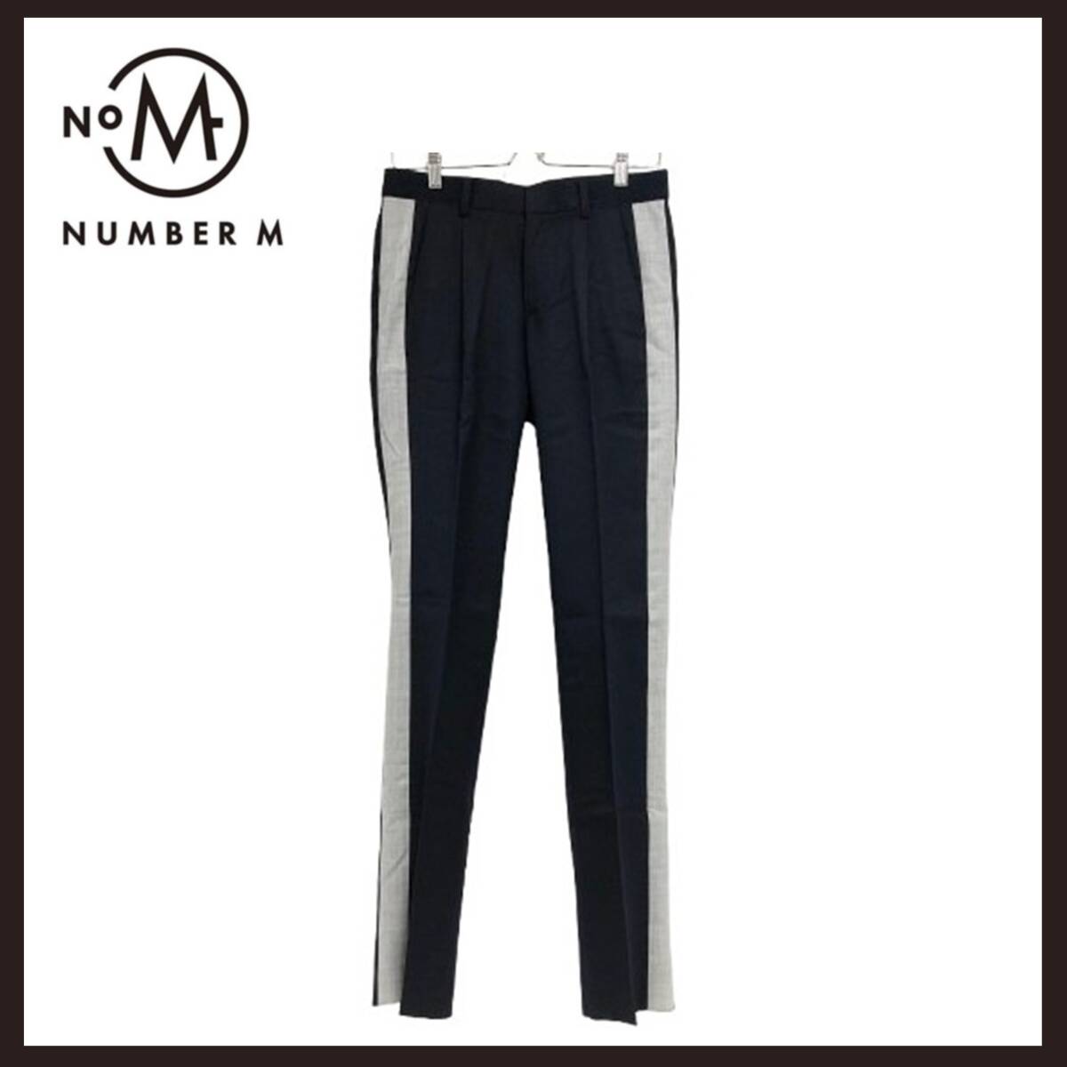 ●○新品未使用 NUMBER M(ナンバーエム) 1プリーツ ストレッチ サキソニー サイドストライプ スリムパンツ 46 ネイビー○●拍卖