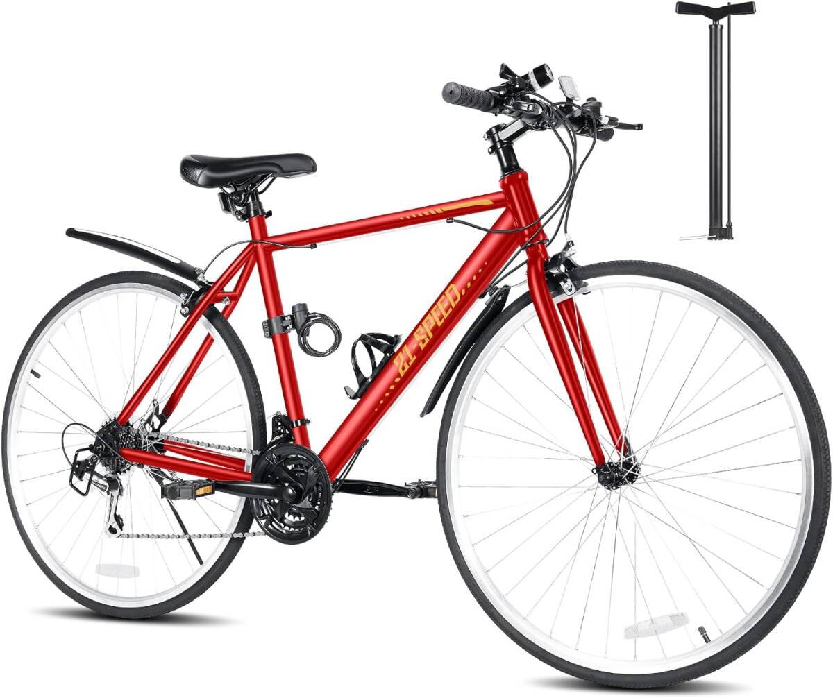 レッド色 クリスマスプレゼント 贈り物 専用空気入れ付き Mixiu クロスバイク シマノ製21段変速 自転車 700C 27インチ相当拍卖