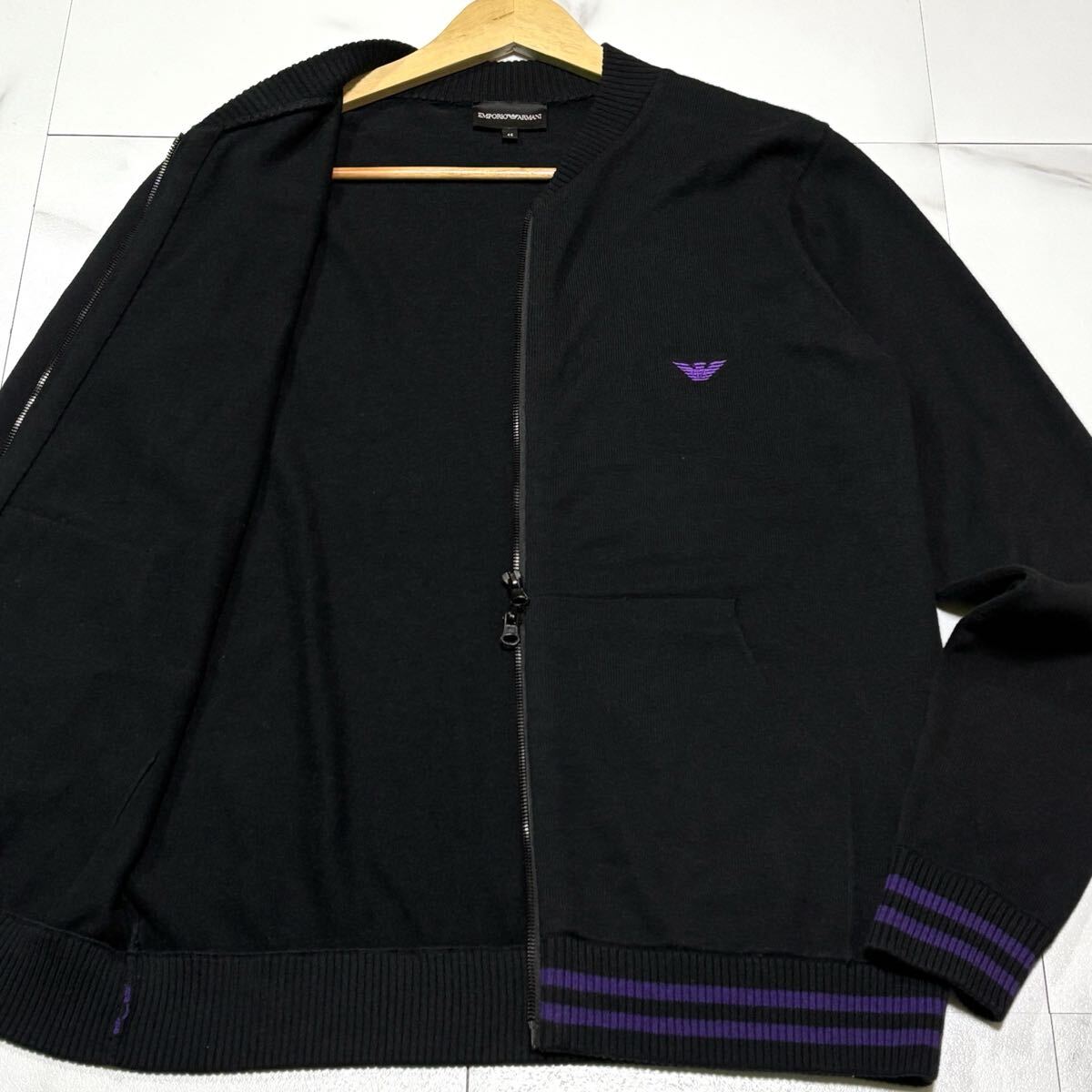 極美品/ Lサイズ EMPORIO ARMANI エンポリオ アルマーニ ニット ジャケット ブルゾン イーグルロゴ ブラック 黒拍卖