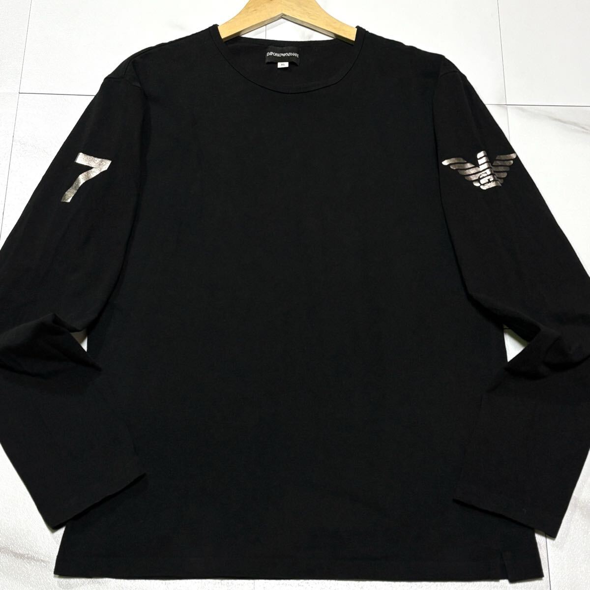 極美品/ XLサイズ EMPORIO ARMANI エンポリオ アルマーニ 長袖 Tシャツ イーグルロゴ ブラック 黒拍卖