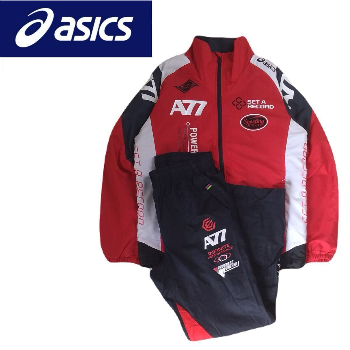 極美品 プロアスリート着 asics A77 撥水防風 蓄熱保温 好配色 ナイロン ジャージ 上下セット メンズM アシックス ブラック レッド 2511258拍卖