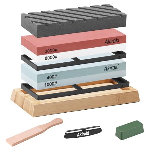 Akiraki 砥石セット 包丁研ぎ石 両面砥石 #400#1000#3000#8000 荒砥 中砥 仕上げ砥石 面直し 角度固定拍卖