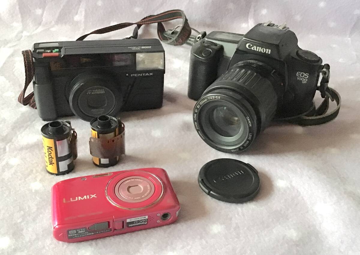 キャノン ペンタックス フィルムカメラ デジタルカメラ 3個セット CANON EOS1000QD PENTAX ZOOM-70DATE LUMIX DMC-52 動作確認済 拍卖