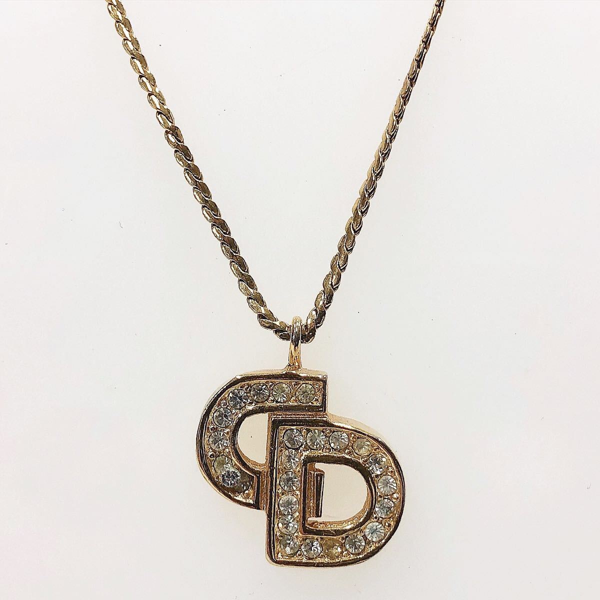★4-1014 Christian Dior クリスチャンディオール CDロゴ ネックレス ラインストーン ディオール ゴールドカラー 全長45cm 重量4.5g拍卖