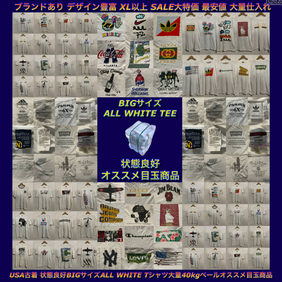 【T1716】★状態良好★ アメリカ古着 BIGサイズ白Tシャツ大量40kgベールオススメ目玉商品 XL以上 ブランドあり デザイン豊富 大量仕入れ拍卖