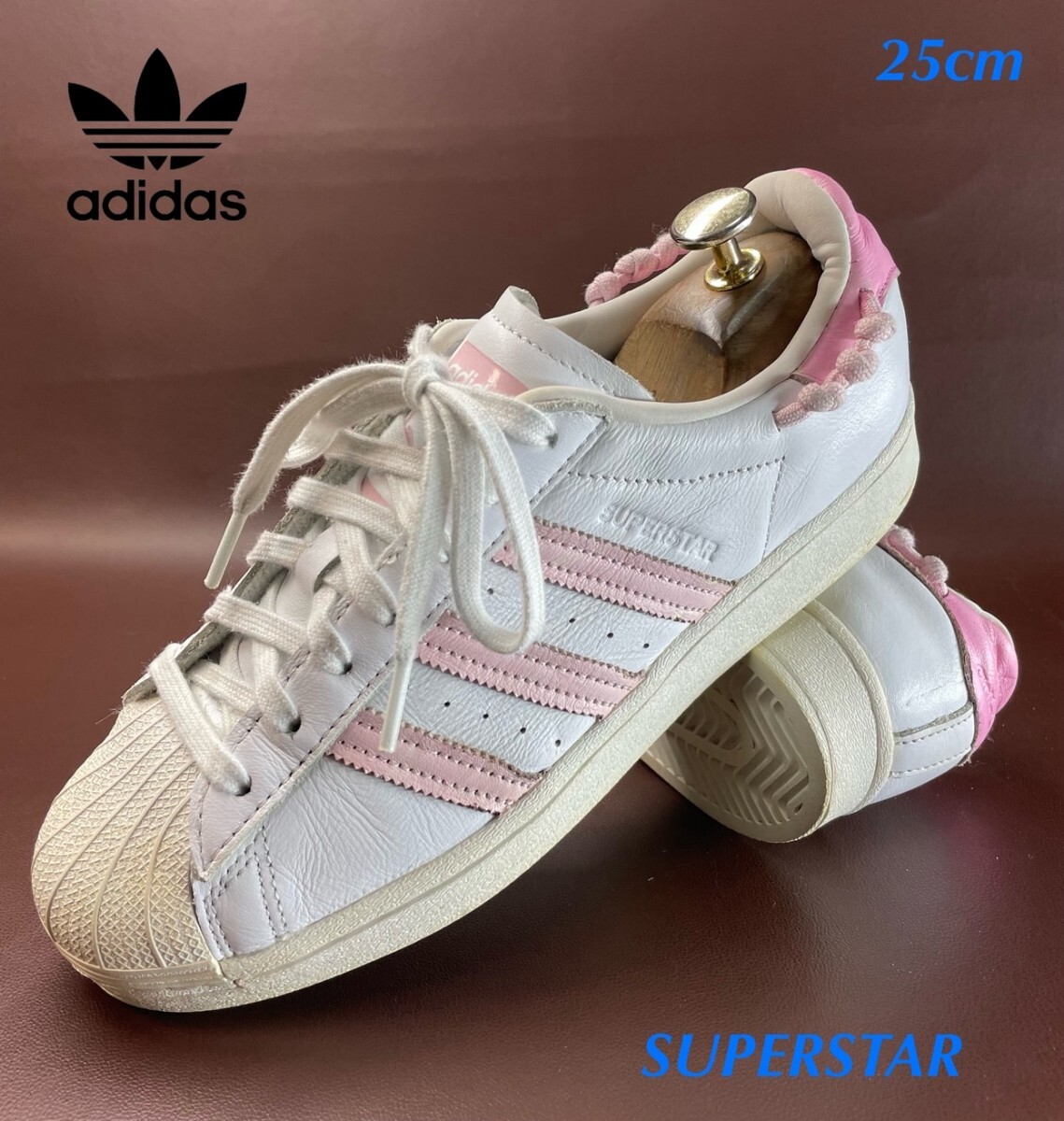 名機降臨!海外限定ノットロープパック!ヘビーカウレザー!アディダス【スーパースター】レザースニーカー!ホワイト×ピンク 25cm/US8拍卖