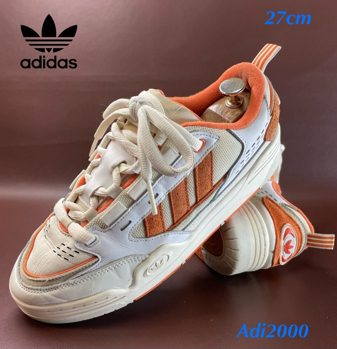 名機降臨!22年製!00'sスケートボーディングスタイル!アディダス【Adi2000 Low】レザースニーカー!ホワイト×オレンジ 27cm/US9拍卖