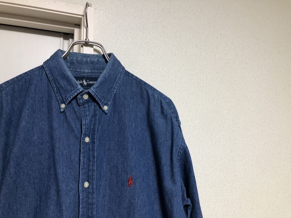 90sヴィンテージ北マリアナ諸島アメリカ製RALPH LAUREN ラルフローレンデニムシャツBLAIREダブルアールエルRRL好きな方へ sizeM拍卖