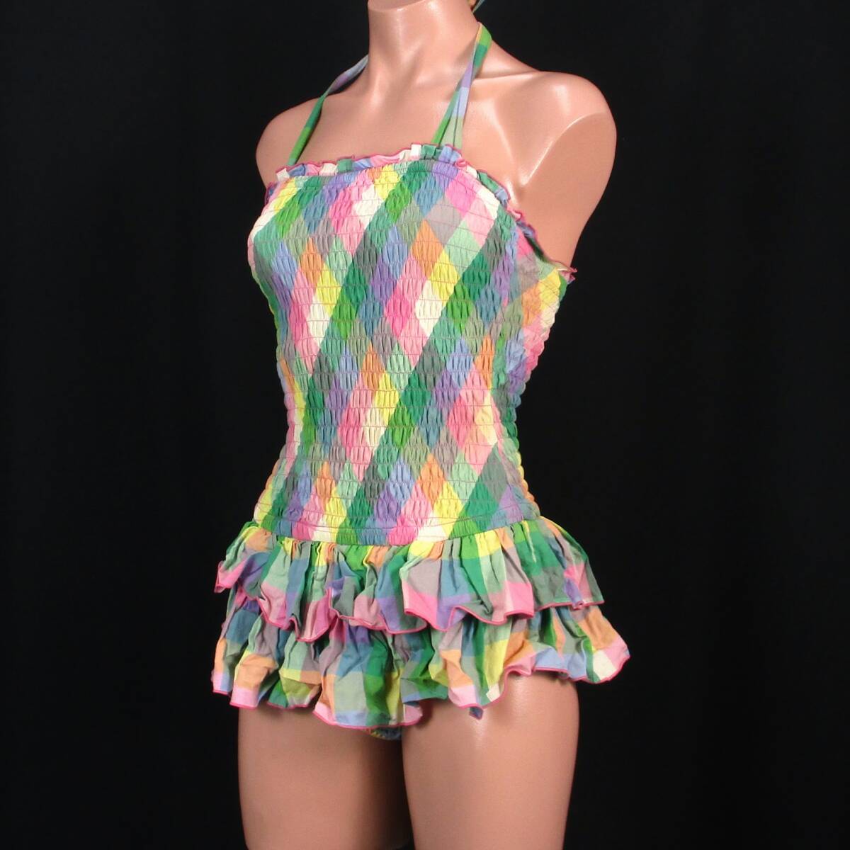 F0257★スカート かわいい 水着 綿100% ワンピース レディースM シュリーヌ チェック柄 カラフル ピンク グリーン 水泳 プール ビーチ 海拍卖