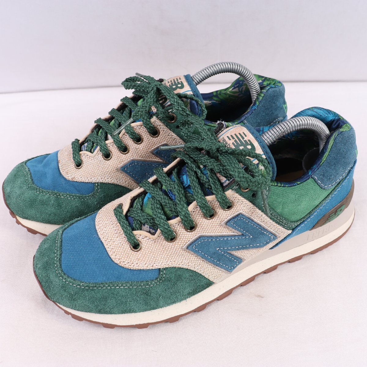 574 ニューバランス 26.0cm/New Balance 緑 グリーン 青 ベージュ ボタニカル柄 中古 古着 スニーカー メンズ yy700拍卖