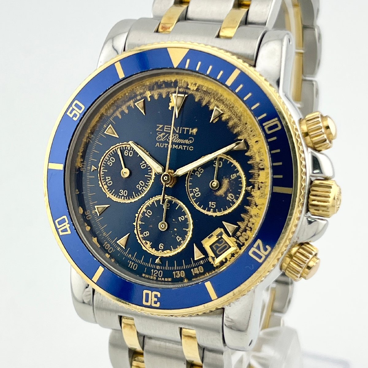 1円【稼働】ZENITH ゼニス AT RAINBOW エルプリメロ 53-0370-400 クロノグラフ デイト ブルー メンズ 9GA-01-2100拍卖