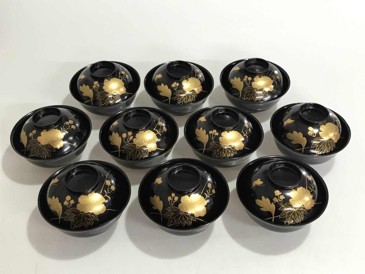 HG8854 漆塗 金蒔絵 汁椀 10客 黒 骨董 木製漆器 漆塗 椀 割烹 料亭 懐石 和食器拍卖