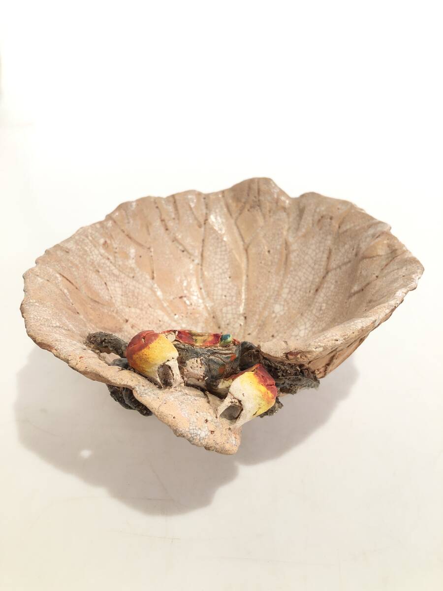 HB5418 水月窯 蟹彫鉢 菓子器 鉢 天神蟹彫 葉型 昭和17年 拍卖