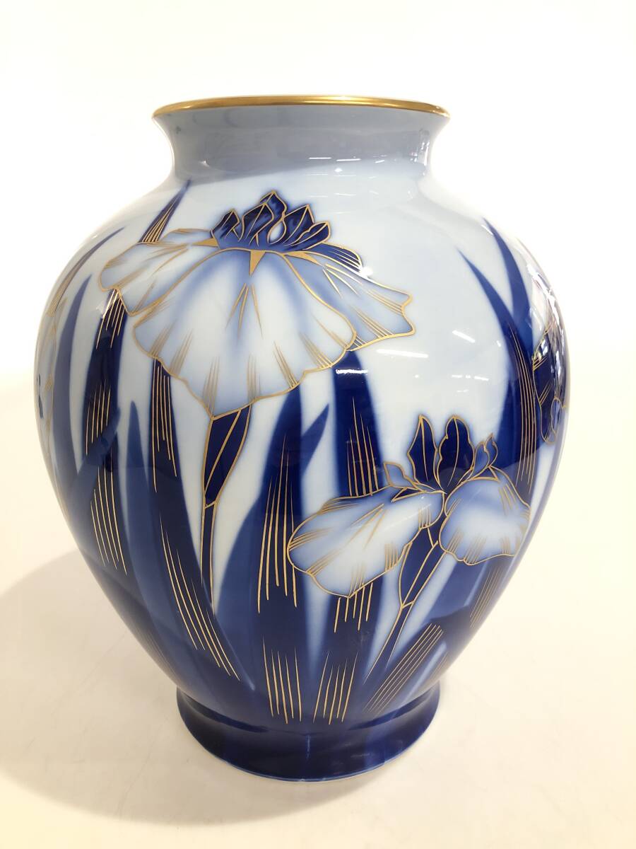 HB5435 深川製磁 花瓶 金彩 あやめ 菖蒲 金彩 花入 フラワーベース 壺 宮内庁御用達拍卖
