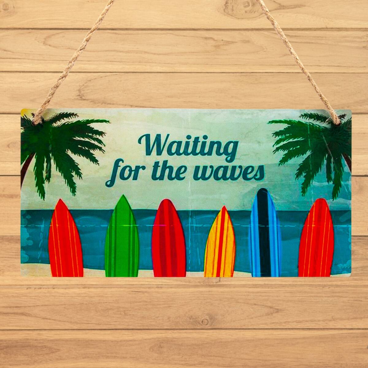 ウッド合板 壁飾り サインボード Waitinng For The Waves 12.5㎝×25㎝ 掛け紐付き 新品拍卖