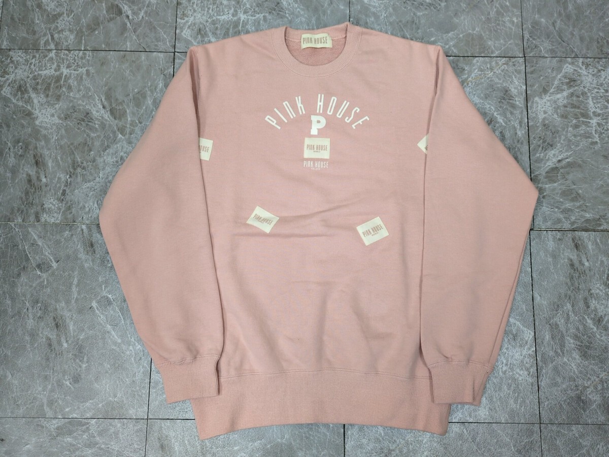 20.ピンクハウス PINKHOUSE 日本製 デカロゴ センターロゴ ロゴデザイン スウェット シャツ トレーナー レディースL 薄ピンク系x601拍卖