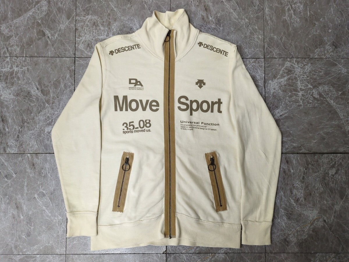 3.デサント ムーブスポーツ デカロゴ プリント ハイネック スウェット ジャケット ブルゾン MOVESPORT メンズM ベージュx805拍卖