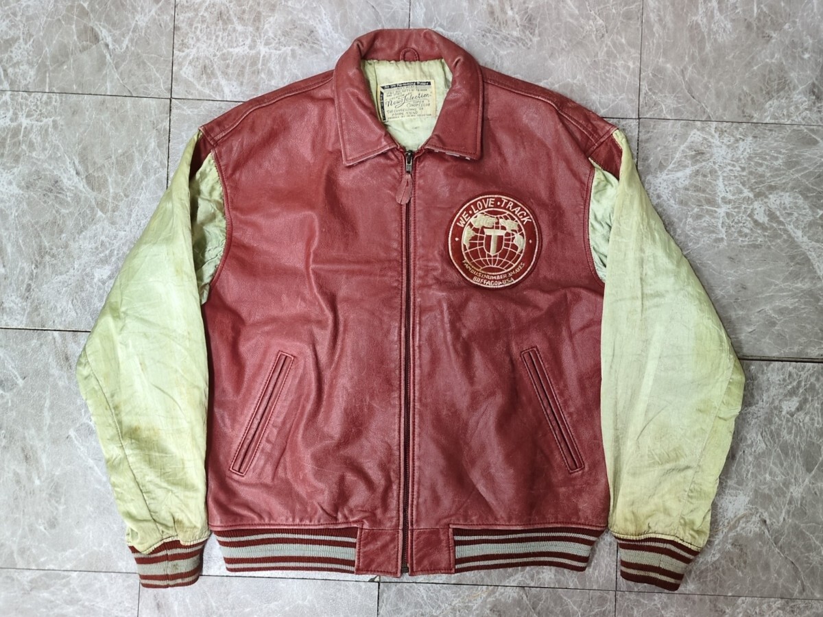 9.袖牛革 90s 本革 袖サテン生地 ヴィンテージ ジップアップ 襟付き レザー スタジャン バーシティ ジャケット 皮ジャン ML相当 y905拍卖