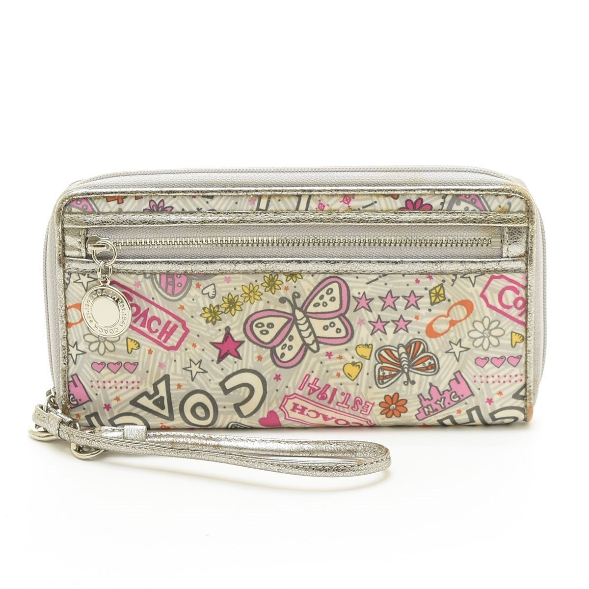 □560393 COACH コーチ ラウンドファスナー長財布 ナイロン 蝶々 フラワー レディース シルバー ピンク他拍卖