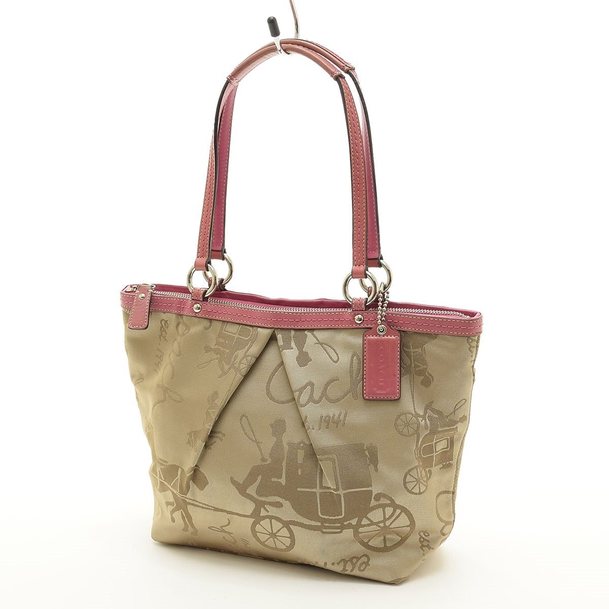 □560207 COACH コーチ トートバッグ 馬車柄ナイロンツイード レディース ピンク ベージュ拍卖
