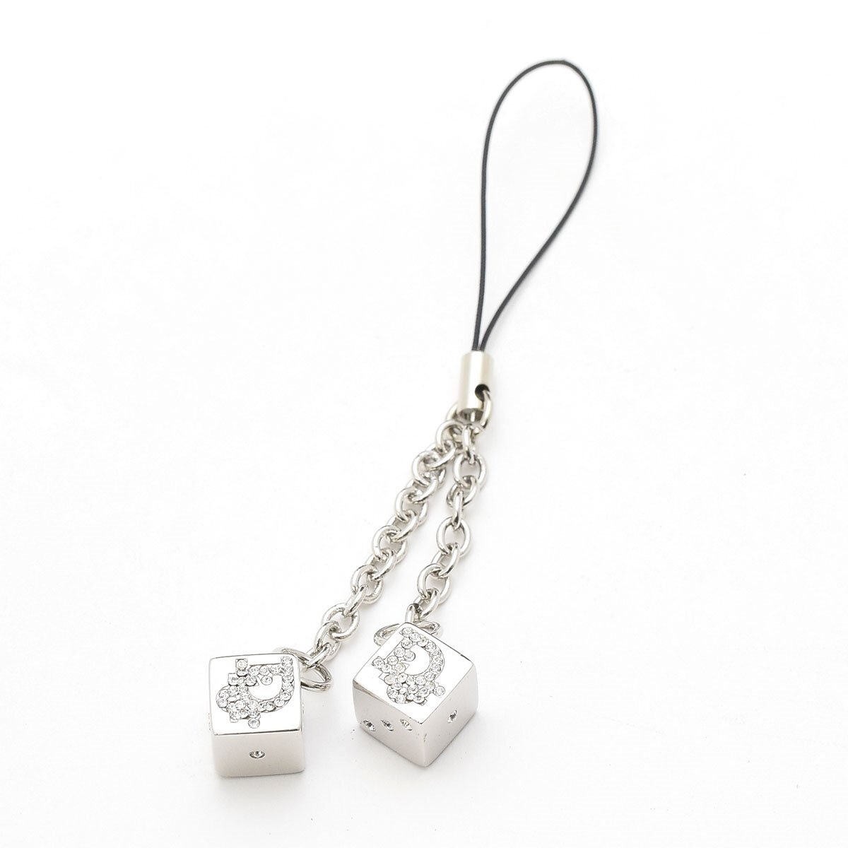 □545746 Christian Dior クリスチャンディオール 携帯ストラップ ロゴ ラインストーン ダイス チャーム レディース シルバー拍卖