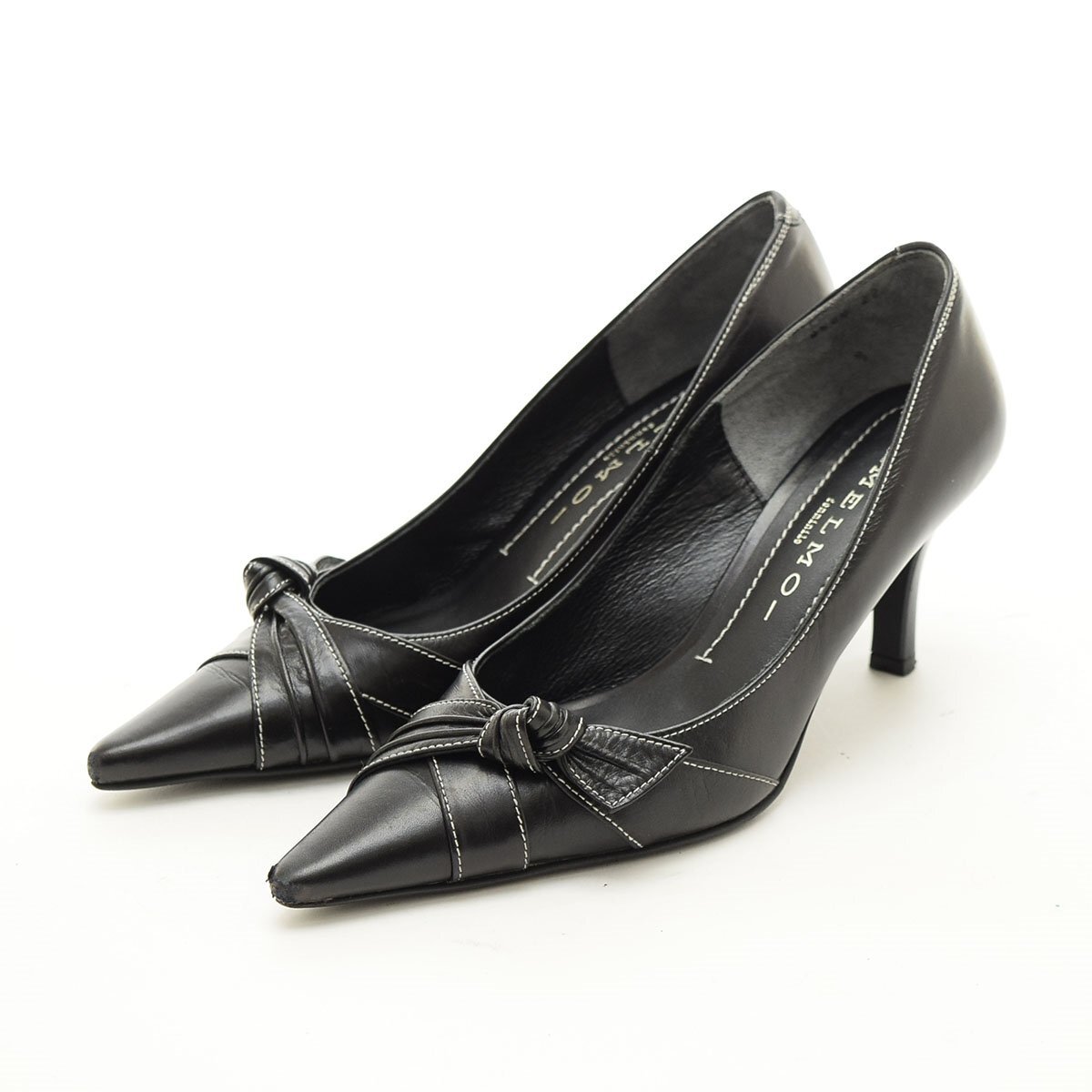 ◇544600 MELMO femminile メルモ パンプス リボン ポインテッドハイヒール サイズ22.0cm 2E/H7cm レディース ブラック拍卖