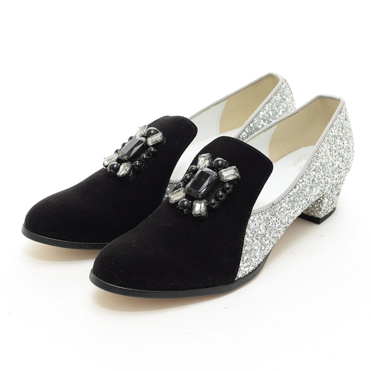 ◇544997 Boisson Chocolat ボワソンショコラ パンプス ビジュースパンコールヒールシューズ 24.5cm レディース 日本製 ブラック シルバー拍卖